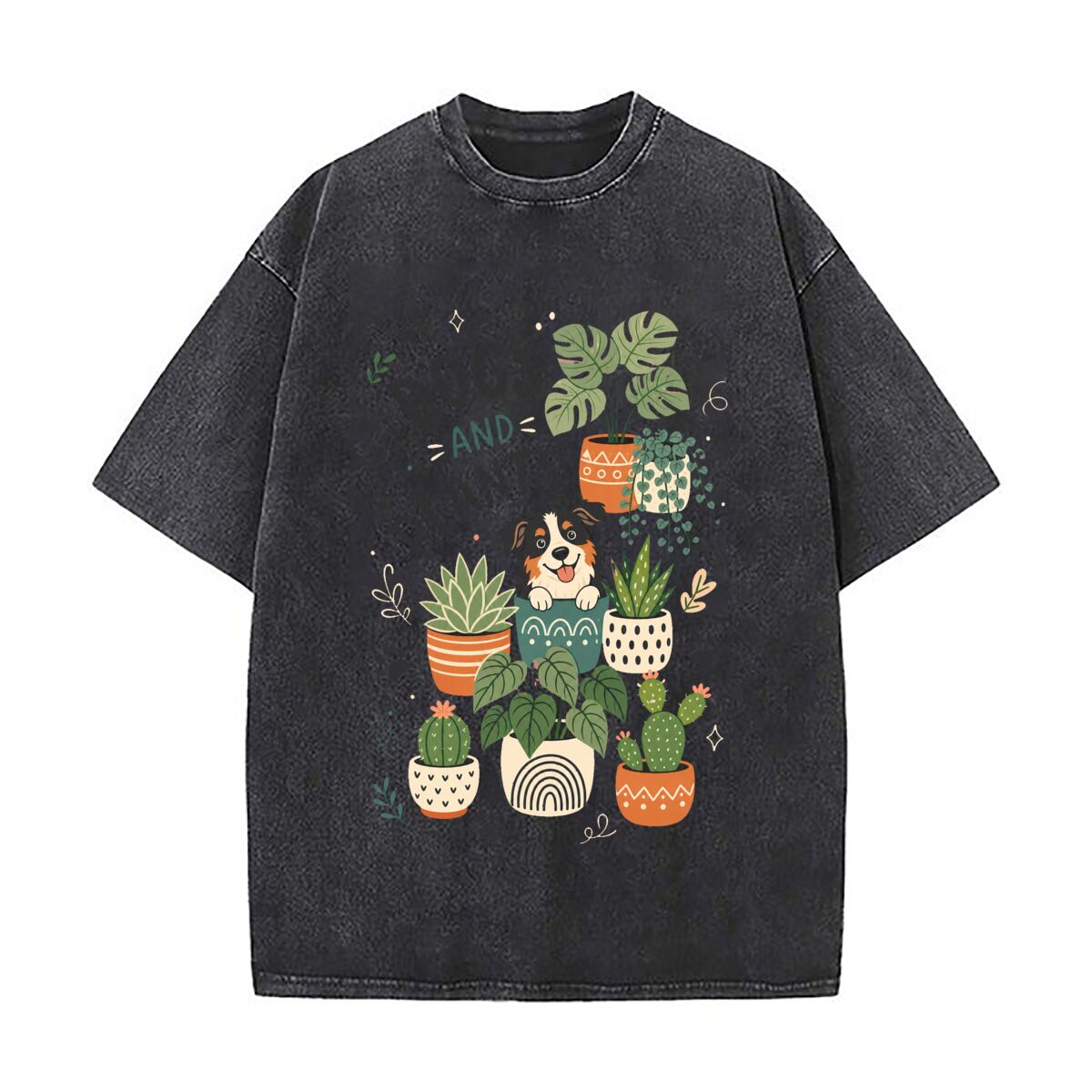 The Plant Parent - 面白い植物を愛する犬好きの親向けアート ウォッシュド加工 ダメージ加工 ルーズフィット ストリートウェアトップス シティウォーク用